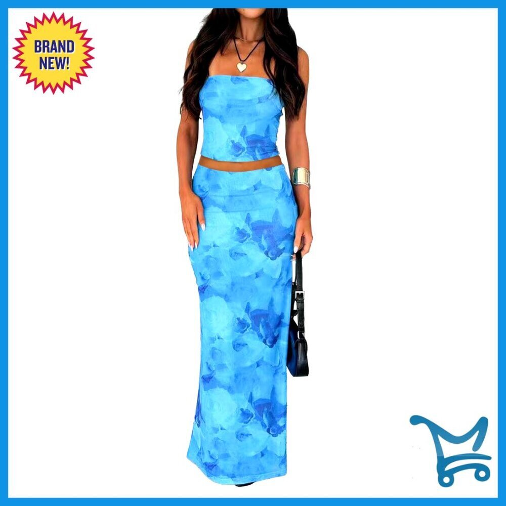 Floral Print Two Piece Set Strapless Tube Top Bodycon Maxi Skirt Y2K